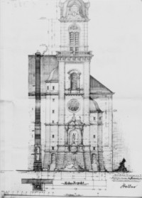 Élévation nord du clocher dans le projet de l'architecte Steller (archives paroissiales de Bitche).