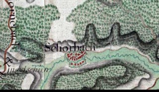 Le village de Schorbach sur la carte des Naudin, établie entre 1728 et 1739.