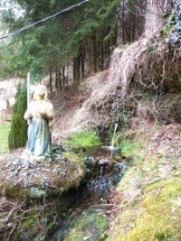 Au pied de la grotte et à proximité de la statue de sainte Bernadette Soubirous, une source claire des Vosges du nord sort de terre.