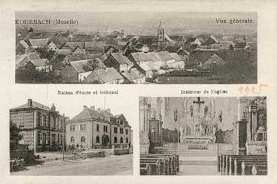 Vues du bourg de Rohrbach-lès-Bitche et de l'église Saint-Rémi au début du XXe siècle.