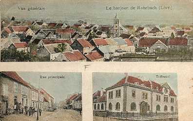 Le petit bourg de Rohrbach-lès-Bitche et l'église Saint-Rémi au début du XXe siècle.