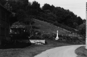 La croix se situe à l'extrémité de la rue principale, vers Breidenbach (photographie du service régional de l'inventaire de Lorraine).