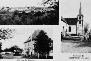Vues du village de Schweyen et de l'église Saint-Wendelin au début du XXe siècle.