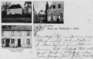 Vues du village avant 1914 : le château ; le carrefour de la rue de Bitche et de la rue des Juifs ; la boulangerie, rue de Bitche.