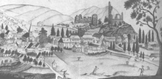 Le village de Walschbronn et l'église paroissiale en 1828, d'après l'artiste Chenot (dessin conservé aux archives municipales de Sarreguemines).