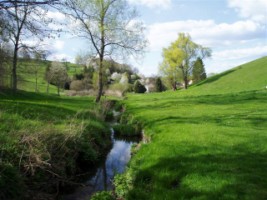 Ruisseau serpentant dans le pays d&eacute;couvert, pr&egrave;s de Breidenbach.