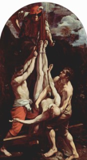 Peinture du crucifiement de saint Pierre par Guido Reni vers 1604-1605 (Wikimedia Commons).
